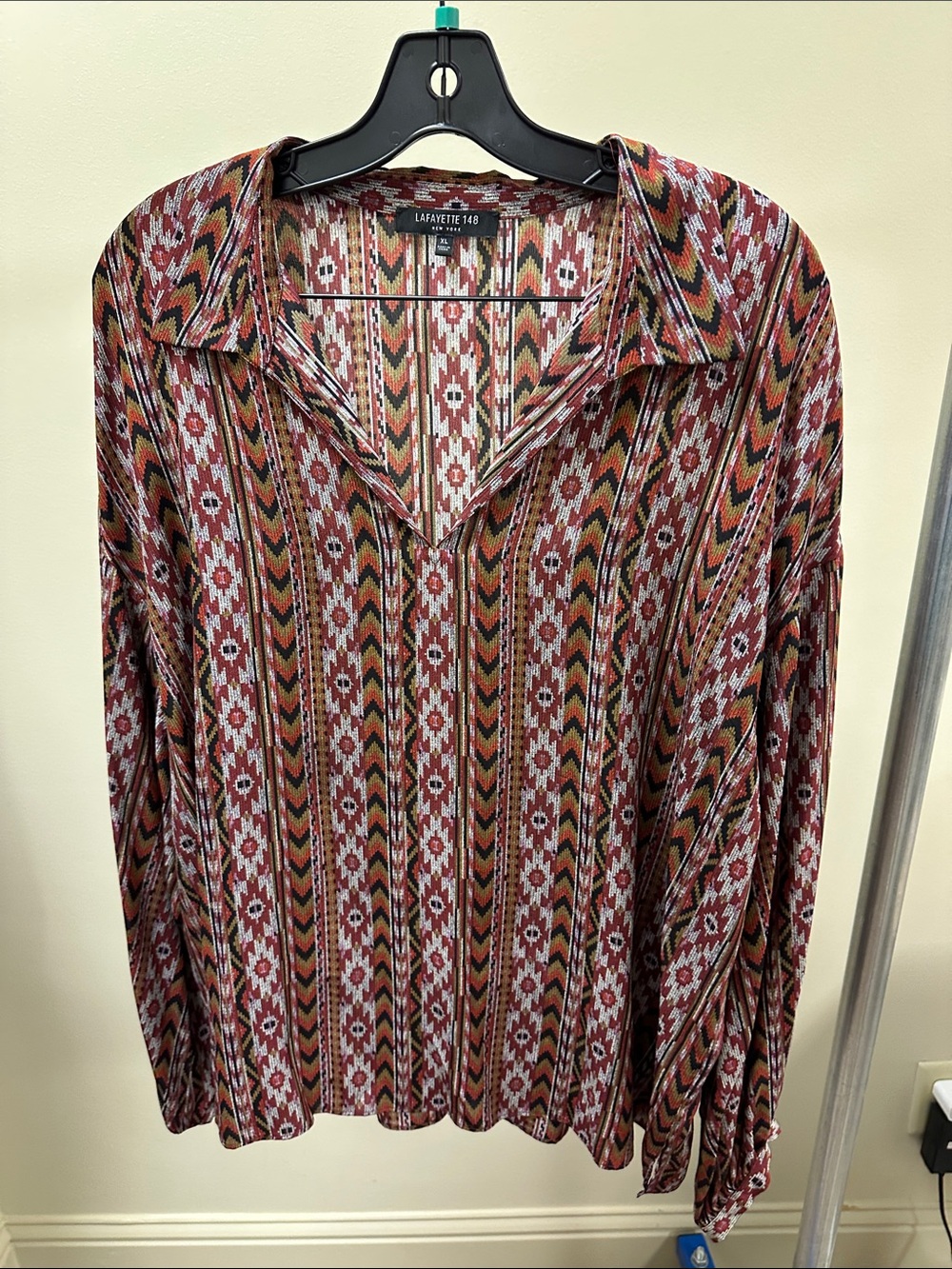 Lafayette 148 New York Burgundy, Rust & Cream Geometric Collared Blouse
